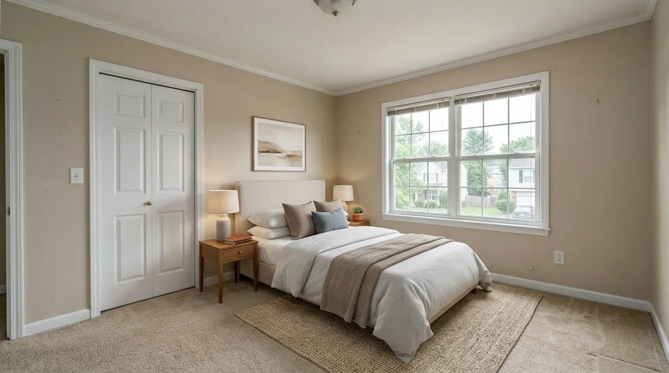 Same master bedroom virtually staged in a contemporary style