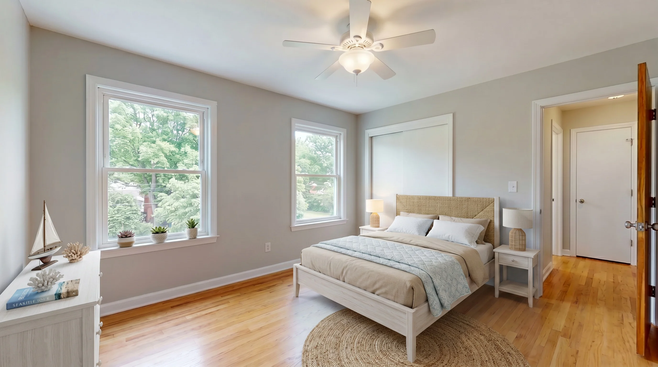 Bedroom virtually staged in coastal style