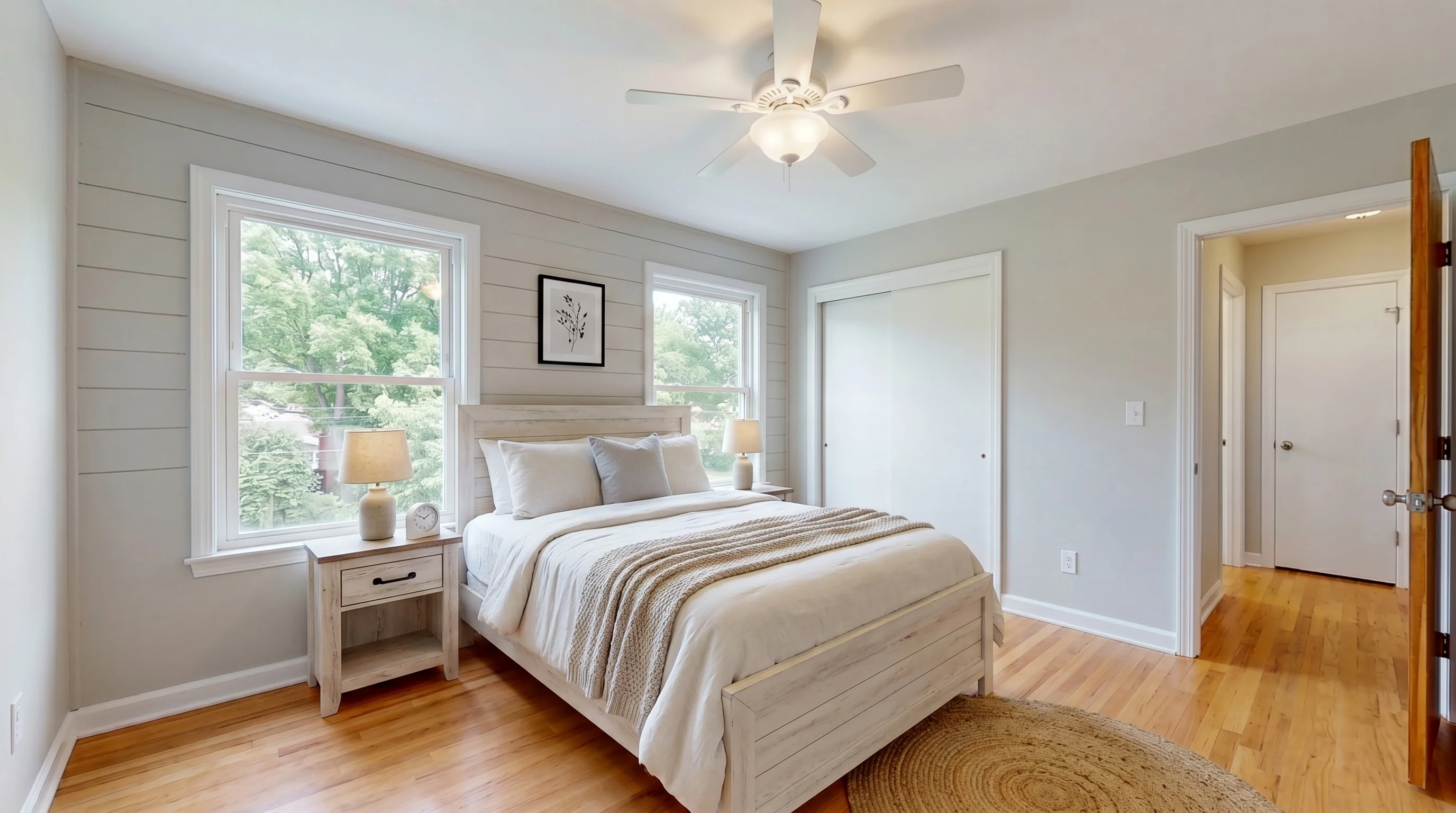 Bedroom virtually staged in farmhouse style