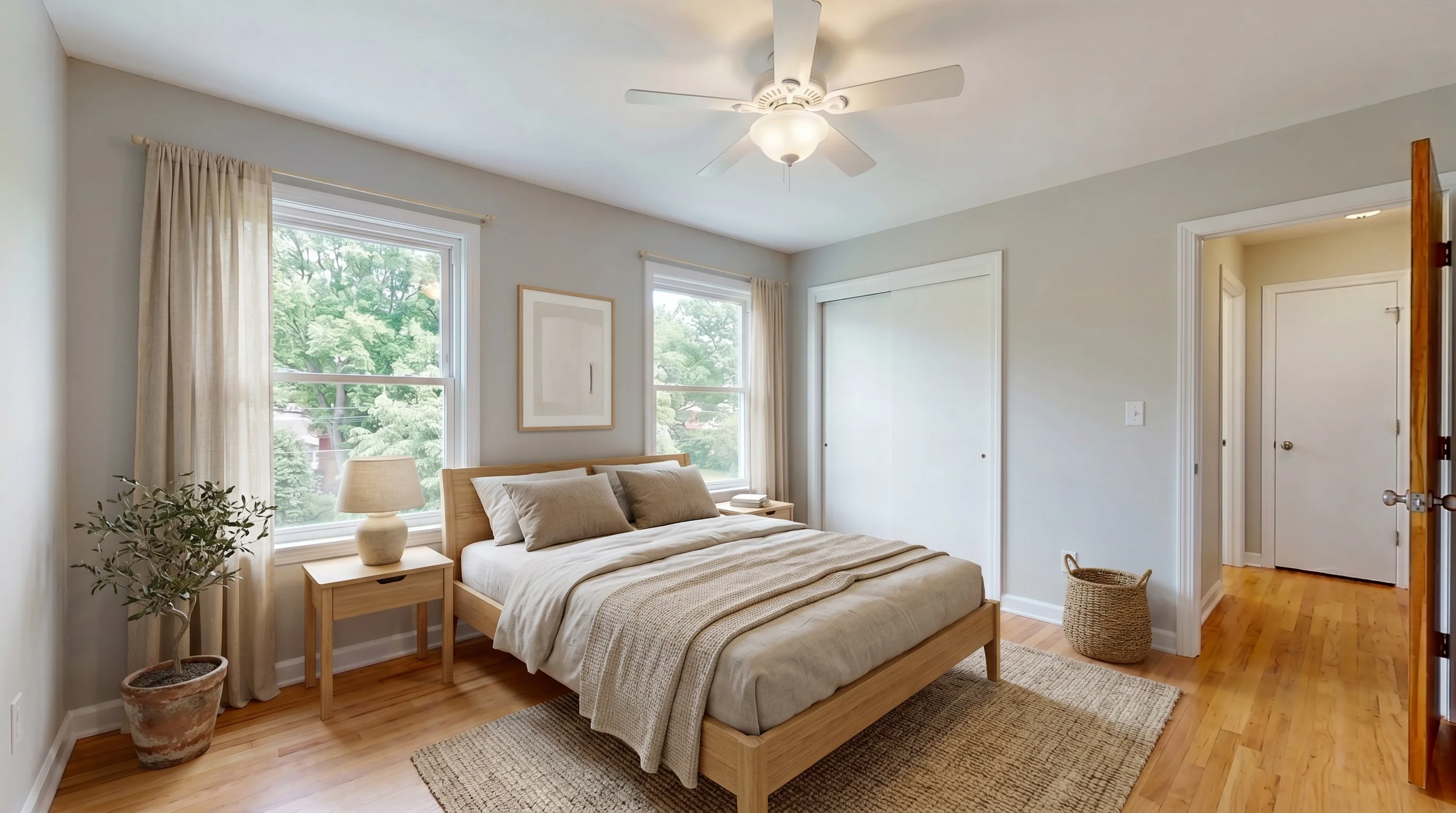 Bedroom virtually staged in Japandi style
