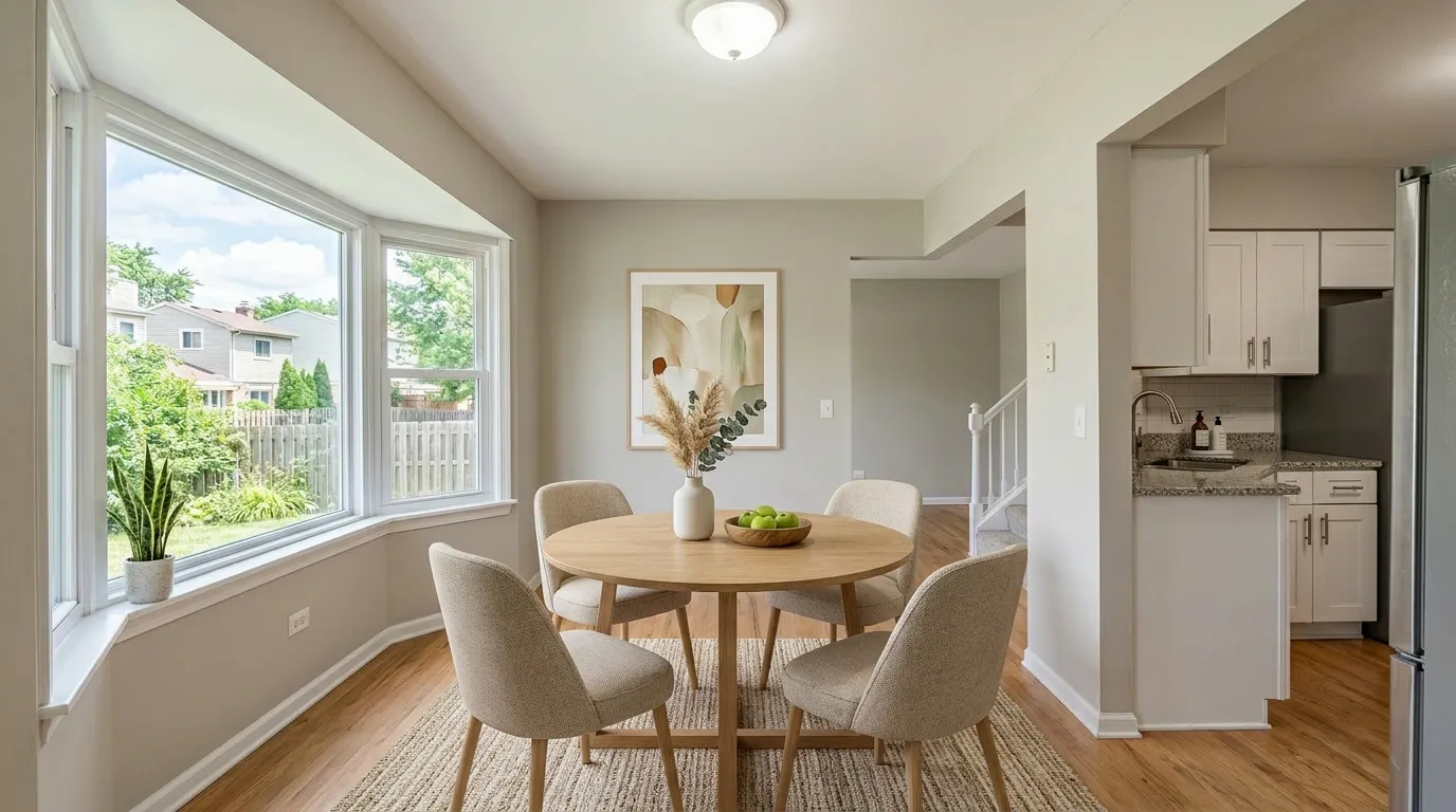 Breakfast nook virtually staged with a small round table and contemporary chairs