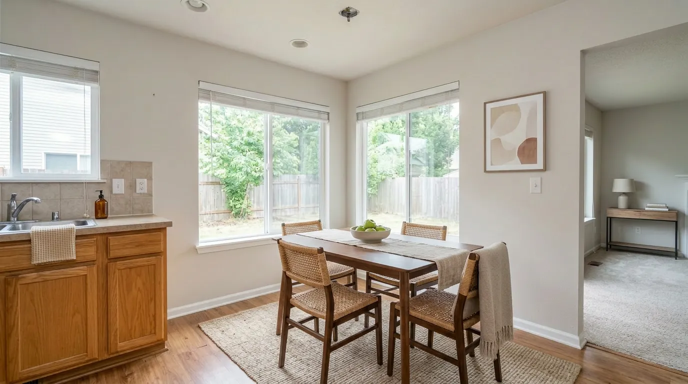 Compact corner dining staged with a small table for two and minimalist chairs