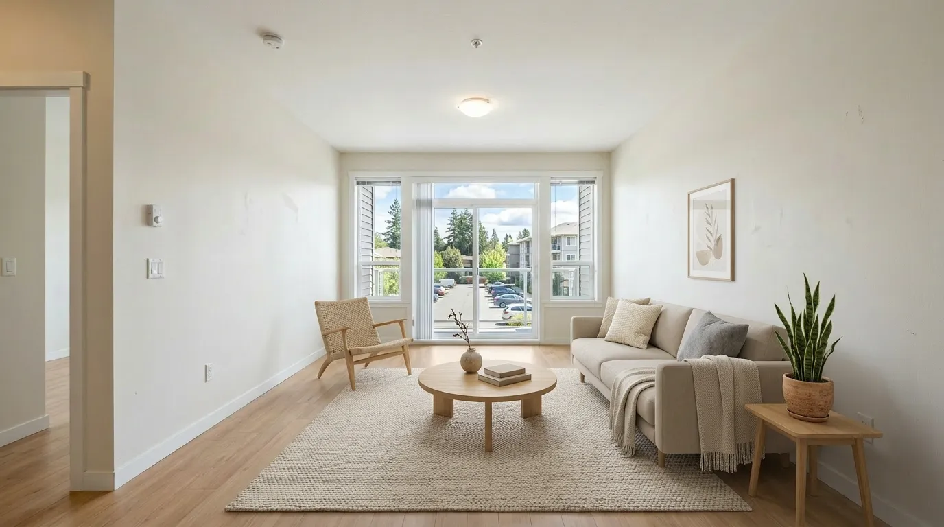 Apartment living room staged in Scandinavian style