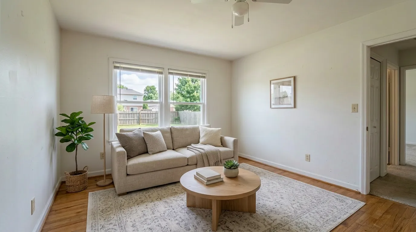 Same living room staged contemporary — sofa, rug, coffee table, plants