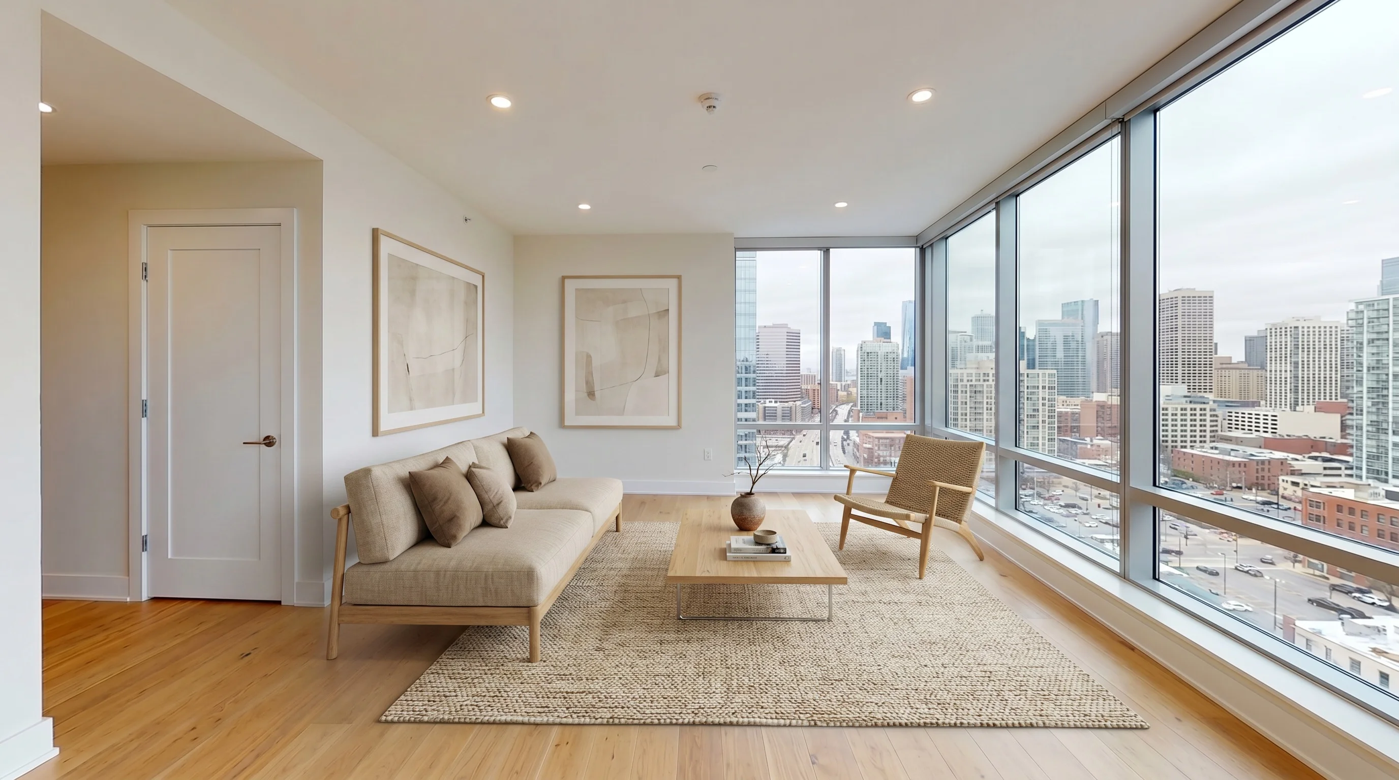 Same urban living room virtually staged in a japandi style