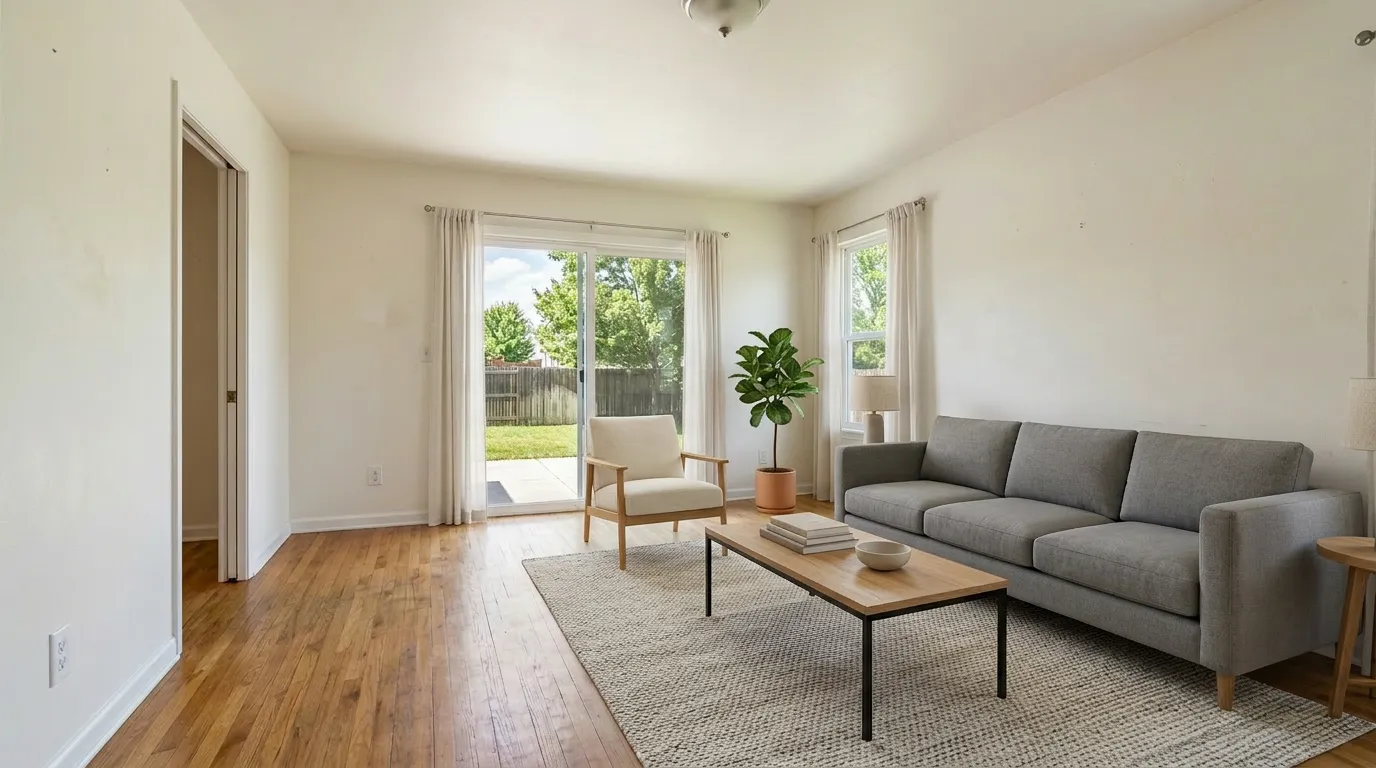 The same living room staged with modern furniture, for comparison with the original