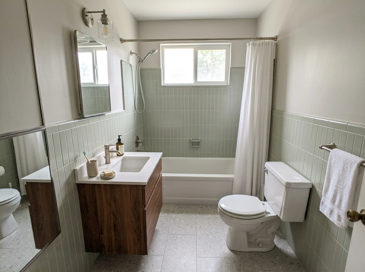 Same bathroom with updated vanity, tile, and fixtures — same fixture positions
