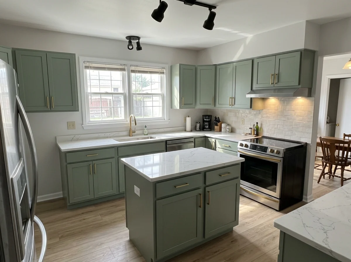 Same kitchen virtually renovated with sage cabinets, quartz counters, and subway tile — identical layout
