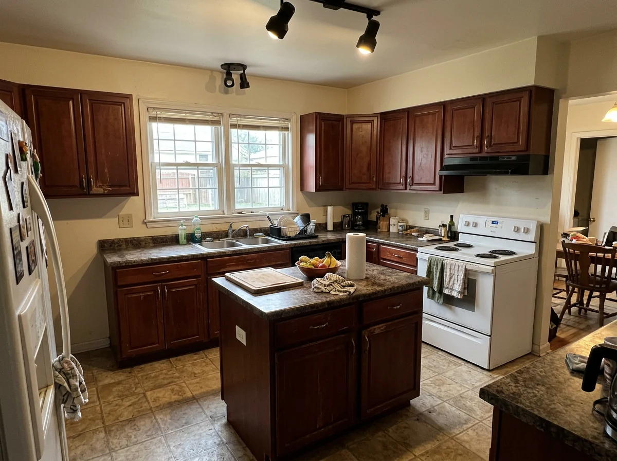 Dated kitchen with cherry cabinets and laminate counters before virtual renovation