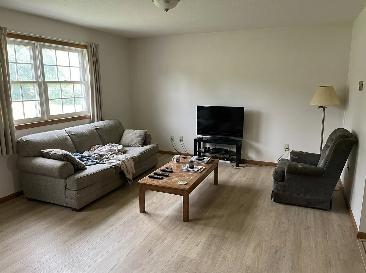 Same living space with updated flooring and paint, identical layout and windows