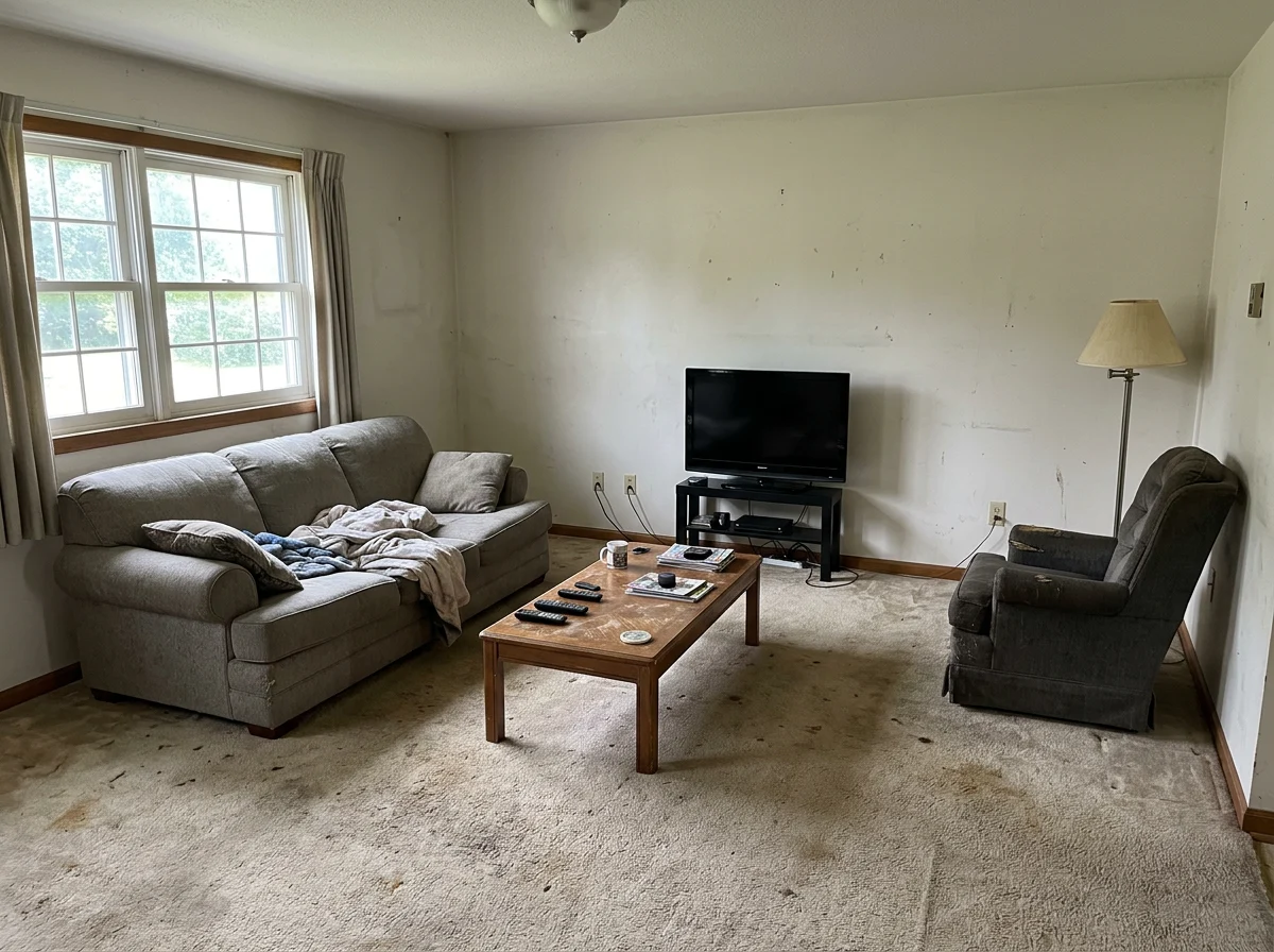 Dated living space before virtual renovation
