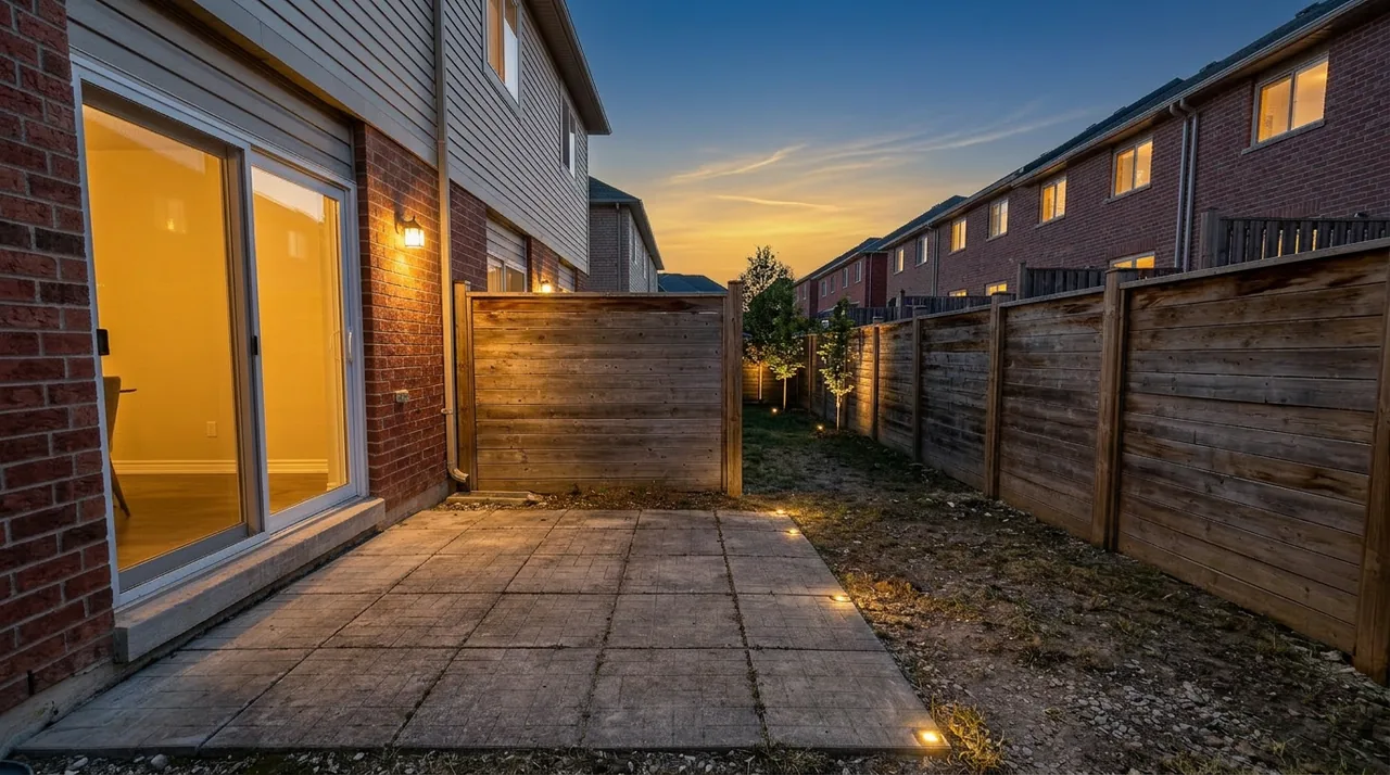 Same house with virtual twilight — warm window glow and golden-hour sky