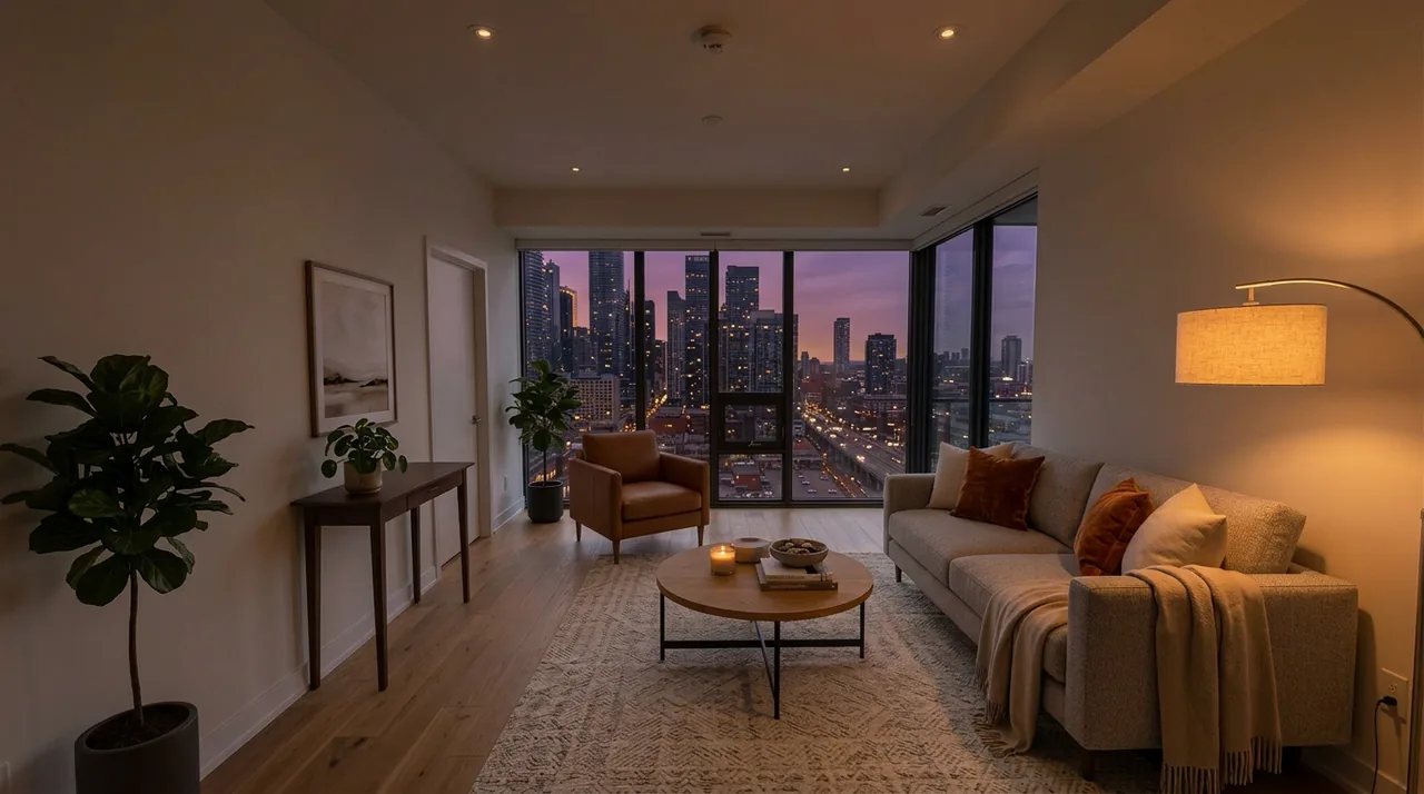 Same interior with warm golden-hour light through the windows